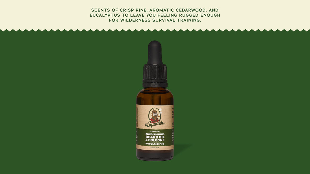 Brand and ingredient story panel for Dr. Squatch Conditioning Beard Oil & Cologne Woodland Pine