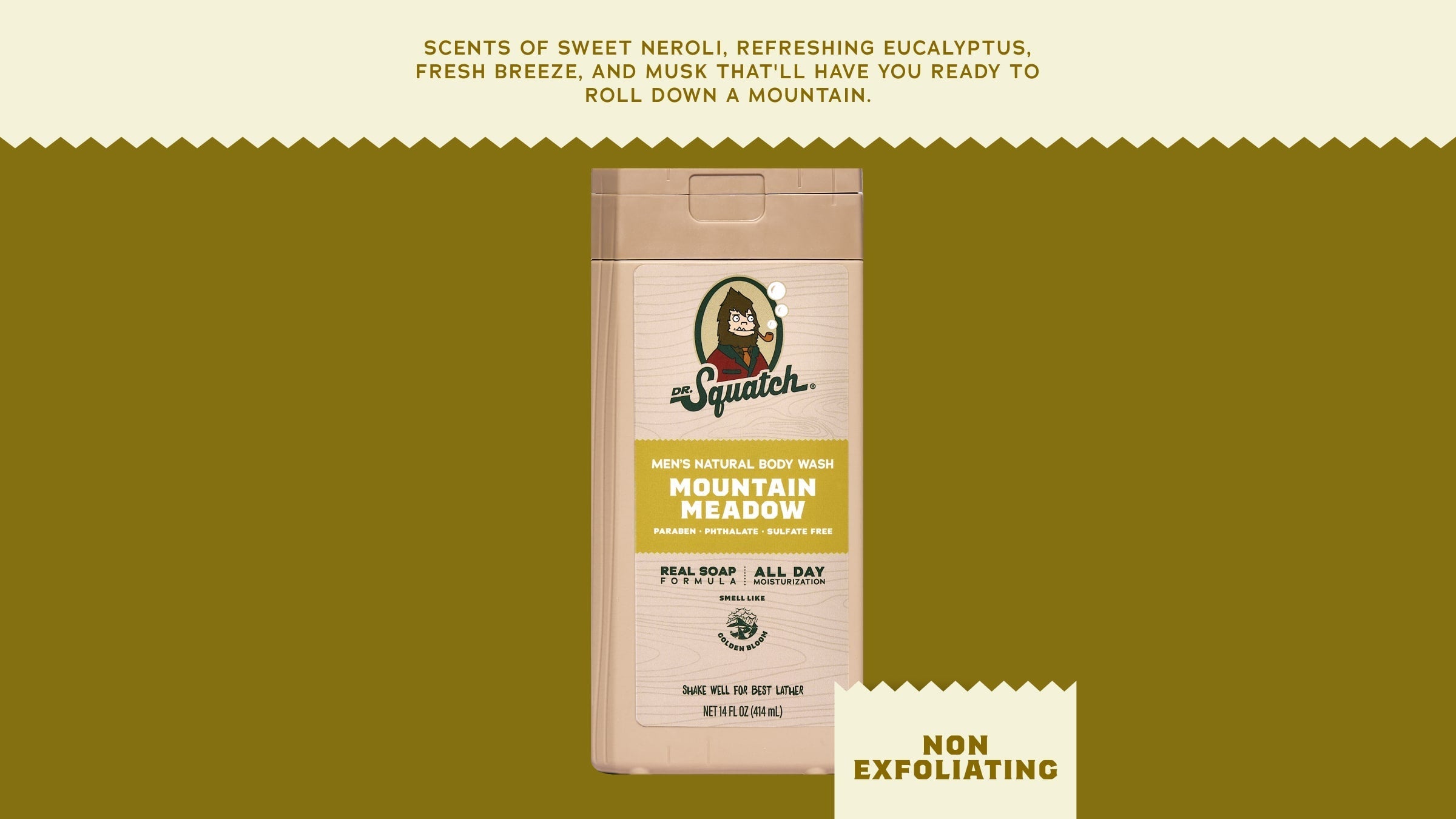 Brand and ingredient story panel for Dr. Squatch 14 oz Mountain Meadow Body Wash